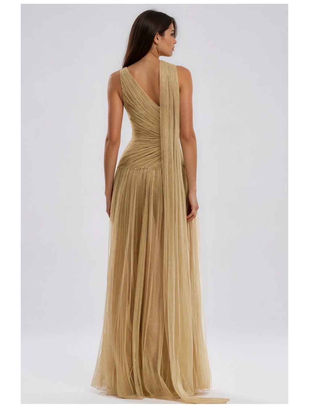 Innovare Karimah Draper Scarf Maxi Dress. One-Shoulder Gold Evening Gown - Picture 3 of 7